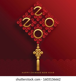 Happy chinese new year 2020 year of the rat ,paper cut rat character,flower and asian elements with craft style on background. (Chinese translation : Happy chinese new year 2020, year of rat)
