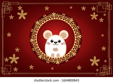 Happy Chinese new year 2020 - Year of the Rat decorated with flowers golden. Illustration year of the Rat
