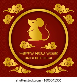 Happy Chinese New Year 2020 the year of the rat. Golden greeting text and the rat with a sparkle effect. Red background template with golden text and rat character.