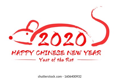 Happy Chinese New Year 2020 Lettering with Chinese Brush and Rat Hand Drawn Vector Illustration.