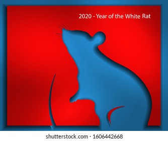 Happy Chinese New Year 2020 Year of the Rat, red and blue paper cut out rat profile. Vector illustration