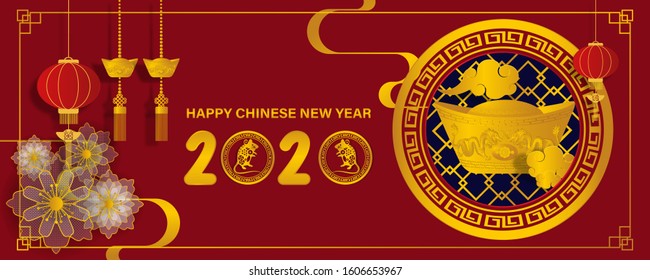 Happy Chinese New Year in 2020 greeting card. Year of zodiac rat. Vector illustration in paper art design.