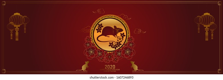Happy Chinese new year 2020 year of the rat. Greetings, Asian elements. Concept for posters, banners, calendar. (Chinese translation: Happy New Year 2020, Year of the Rat) Vector illustration