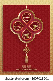 Happy chinese new year 2020 year of the Rat, red and gold paper cut rat character, flower and asian elements with craft style on background (Translation : happy chinese new year 2020, year of the rat)