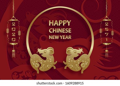 Happy chinese new year 2020 year of the Rat, red and gold paper cut rat character, flower and asian elements with craft style on background (Translation : happy chinese new year 2020, year of the rat)