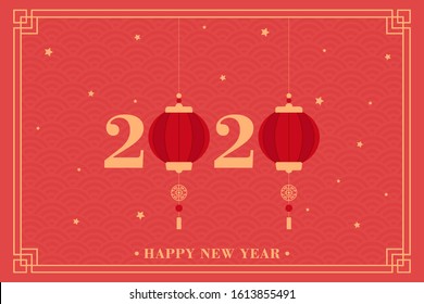 Happy Chinese New Year 2020 illustration in red background, with lanterns hanging in the middle and sparkling star.