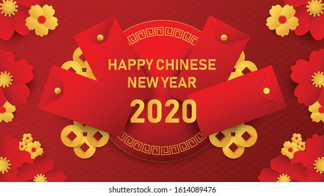 Happy Chinese new year 2020, year of rat. Lucky circle with red and yellow peonies flower, golden coin and red reward. Suitable for use as background or wallpaper.