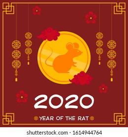 Happy Chinese New Year 2020 illustration in red background, with clouds, hanging lanterns, hanging chinese decorations, and flowers.