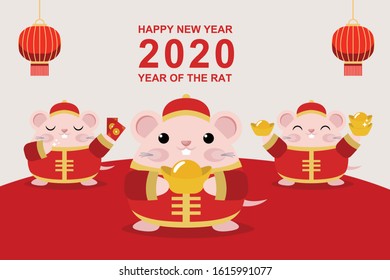 Happy Chinese New Year 2020 Year of The Rat Banner Design.Little cute rat in red costume cartoon vector