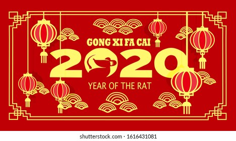 Happy Chinese New Year 2020 greeting card background, copy space. Golden chinese characters on red gradient background, mean happy and wealthy new year (translation GONG XI FA CAI)