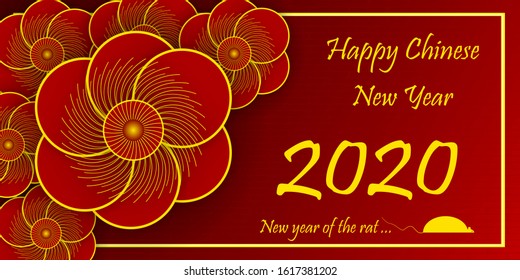 Happy Chinese New Year 2020, red horizontal greeting card for your design with blooming flowers, shadow, rat and beautiful inscriptions, vector illustration