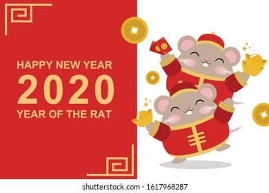 Happy Chinese New Year 2020 Year of The Rat Banner Design.Little cute rat in red costume cartoon vector