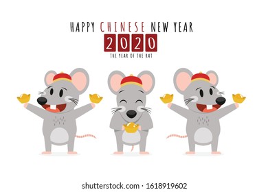 Happy Chinese New Year 2020 Greeting Card. Happy Mouse Holding Gold Money Isolated on White Background