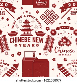 Happy Chinese New Year 2020 seamless pattern or background. Vector illustration. Chinese New Year seamless pattern with with firework, lantern, firecracker, envelope, sakura silhouette.