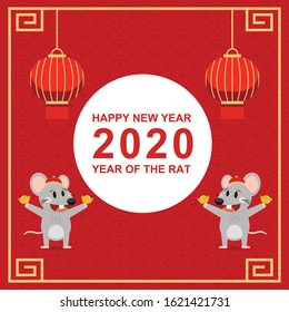 Happy chinese new year 2020 greeting card with cute rat holding gold money on chinese pattern background vector