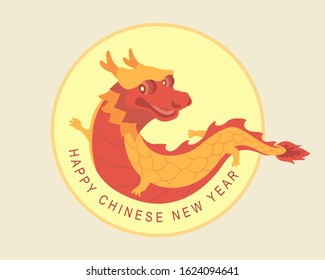 Happy Chinese New Year 2020. Year of the rat. Cartoon vintage vector illustration of Traditional chinese red Dragon in circle frame. Vector emblem design