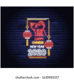 Happy Chinese New Year 2020 year poster in neon style. Illuminated sign with animal silhouette and rat hieroglyph on background of bricks wall. Oriental zodiac vector symbol of 2020 for design.