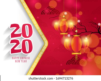 Happy Chinese New Year 2020 greeting card with traditional asian flowers, lanterns on red banner