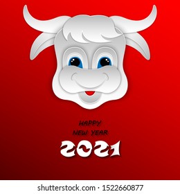 Happy Chinese new year 2021 Ox zodiac sign. Paper cut art craft style Ox on red background for greetings card, invitation, banner. 3D vector illustration.