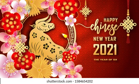 Happy Chinese new year 2021. The year of the Ox. Chinese new year fortune greeting card graphic design background and wallpaper. Red and gold paper cut with plum blossom flower. Asian culture element