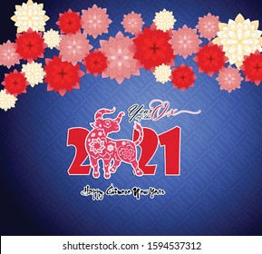 Happy chinese new year 2021 year of the ox flower and asian elements with craft style on background. 