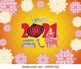 Happy chinese new year 2021 year of the ox flower and asian elements with craft style on background. 