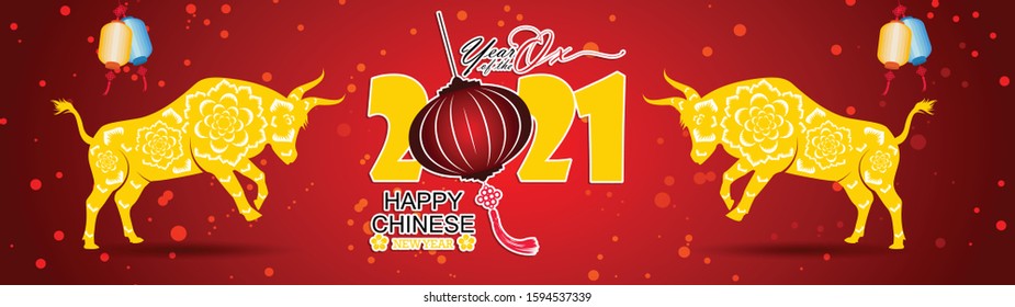 Happy chinese new year 2021 year of the ox flower and asian elements with craft style on background. 