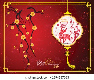 Happy chinese new year 2021 year of the ox flower and asian elements with craft style on background. 