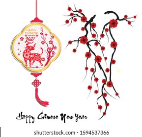 Happy chinese new year 2021 year of the ox flower and asian elements with craft style on background. 