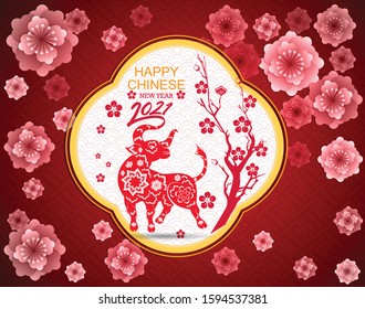 Happy chinese new year 2021 year of the ox flower and asian elements with craft style on background. 