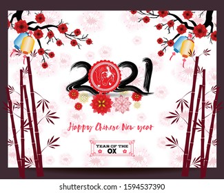 Happy chinese new year 2021 year of the ox flower and asian elements with craft style on background. 