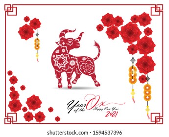 Happy chinese new year 2021 year of the ox flower and asian elements with craft style on background. 