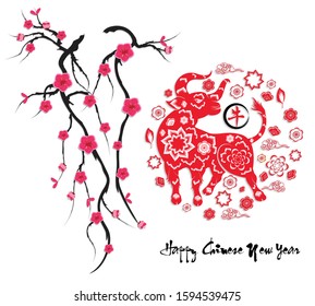 Happy chinese new year 2021 year of the ox flower and asian elements with craft style on background. (Chinese translation : Ox )