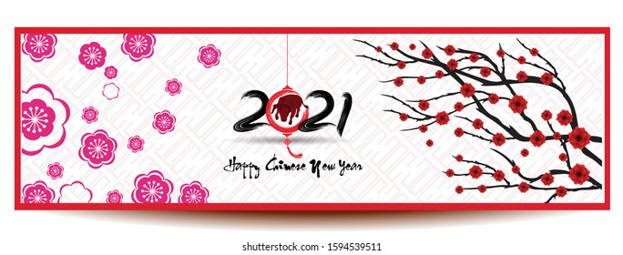 Happy chinese new year 2021 year of the ox flower and asian elements with craft style on background. (Chinese translation : Ox )
