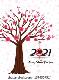 Happy chinese new year 2021 year of the ox flower and asian elements with craft style on background. (Chinese translation : Ox )