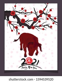Happy chinese new year 2021 year of the ox flower and asian elements with craft style on background. (Chinese translation : Ox )