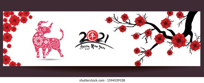 Happy chinese new year 2021 year of the ox flower and asian elements with craft style on background. (Chinese translation : Ox )