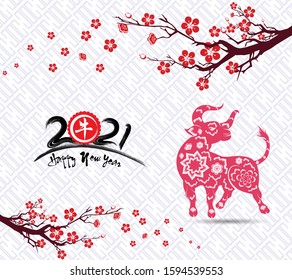 Happy chinese new year 2021 year of the ox flower and asian elements with craft style on background. (Chinese translation : Ox )