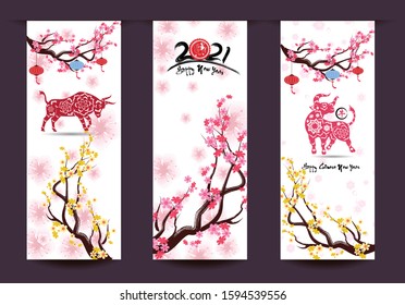 Happy chinese new year 2021 year of the ox flower and asian elements with craft style on background. (Chinese translation : Ox )
