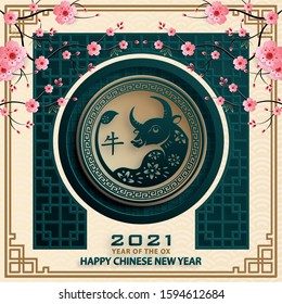 Happy chinese new year 2021 Ox Zodiac sign, with gold paper cut art and craft style on color background for greeting card, flyers, poster (Chinese Translation : happy new year 2021, year of ox)