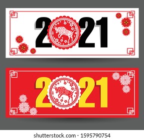 Happy chinese new year 2021 year of the ox. flower and asian elements with craft style on background