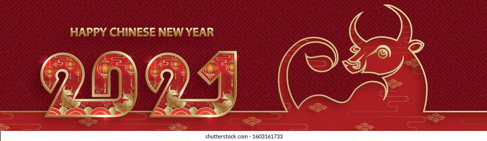 Happy chinese new year 2021 Ox Zodiac sign, with gold paper cut art and craft style on color background for greeting card, flyers, poster (Chinese Translation : happy new year 2021, year of ox)