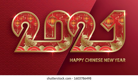 Happy chinese new year 2021 Ox Zodiac sign, with gold paper cut art and craft style on color background for greeting card, flyers, poster 