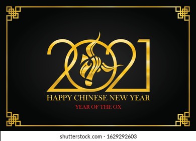 Happy Chinese New Year 2021. The golden bull symbol is in the number 2021 under the golden Chinese pattern frame On black background.Chinese wording translation: Chinese calendar for the ox of ox 2021