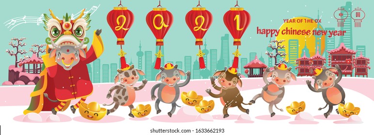 Happy chinese new year 2021 version. Zodiac of ox cartoon character traditional. New year 2021 cards.Cows and children playing lanterns winter scenes greeting chinese style.Chinese translation:  China