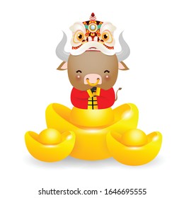 Happy Chinese new year 2021, Little ox with Lion Dance Head holding Chinese gold, the year of the ox zodiac, Cartoon vector illustration isolated on white background.