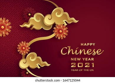 Happy chinese new year 2021 Ox Zodiac sign, with gold paper cut art and craft style on color background for greeting card, flyers, poster (Chinese Translation : happy new year 2021, year of ox)