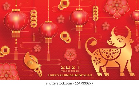 Feliz Año Nuevo Chino 2021 Signo Ox Zodiac, con papel dorado recortado arte y estilo artesanal en fondo de color para tarjetas de felicitación, volantes, afiches (Traducción china: feliz año nuevo 2021, año del buey)