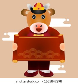 Happy Chinese New Year 2021. A cow holding a curtain of congratulations to Fat Choi. Translation: Cow Happy New Year