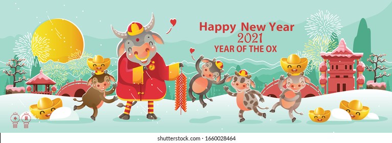 Happy chinese new year 2021 version. Zodiac of ox cartoon character traditional. New year 2021 cards. Calf holding gold and firecrackers greeting chinese style. Translation; China.